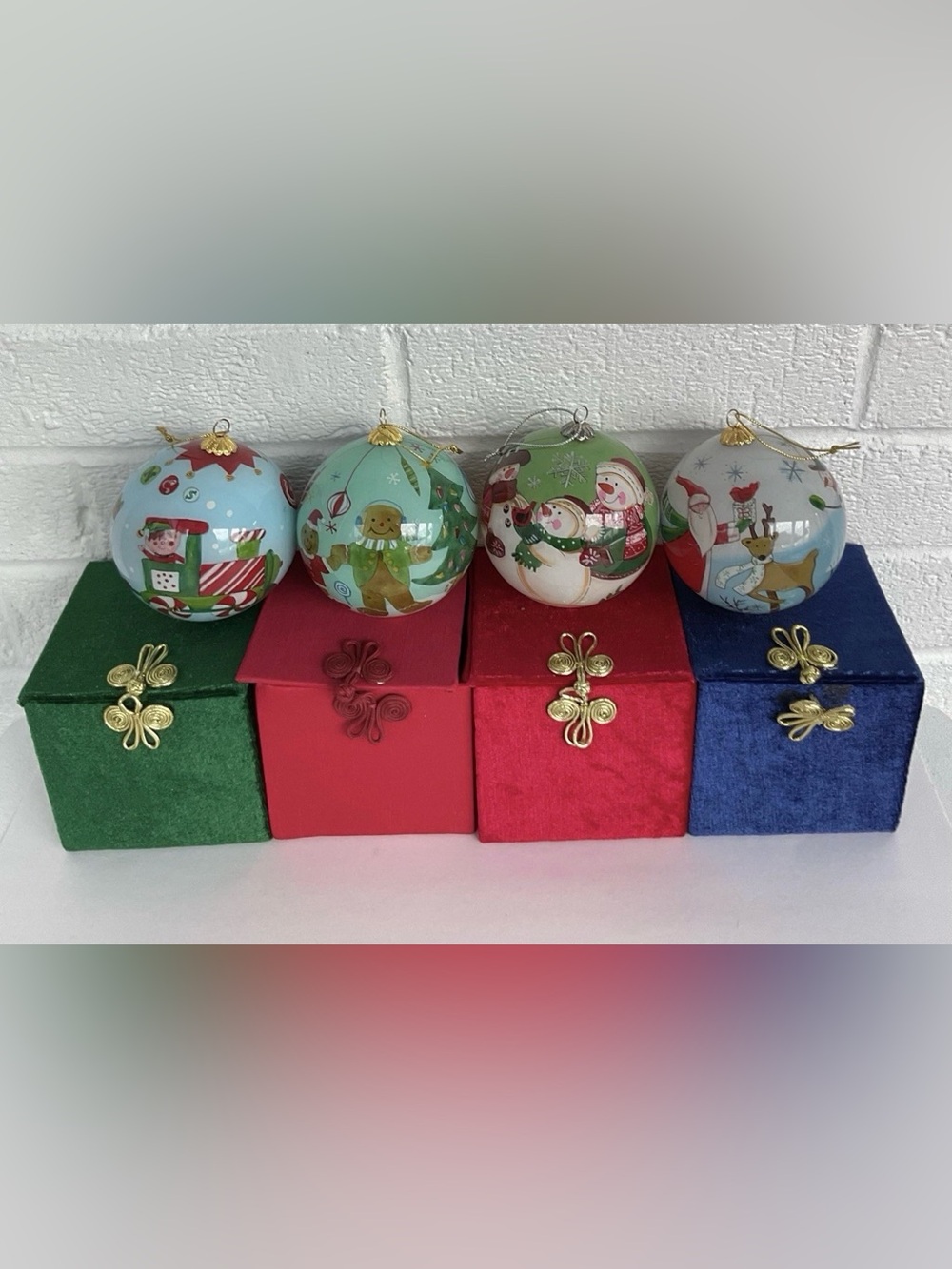 Vintage Pier 1 Li Bien Reverse Painted Glass Christmas Ornaments Set 4 Santa Elf